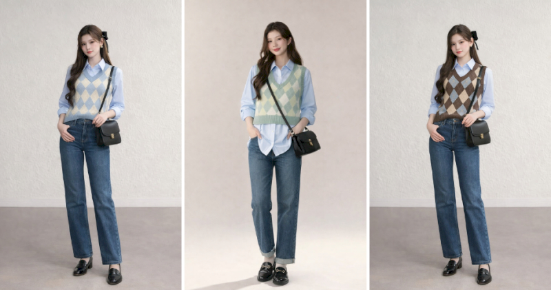 Sơ mi phối gile họa tiết quả trám và quần jeans ống đứng cổ điển